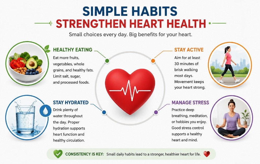 Simple daily habits like healthy eating, walking, hydration, and stress control that support and strengthen heart health naturally.