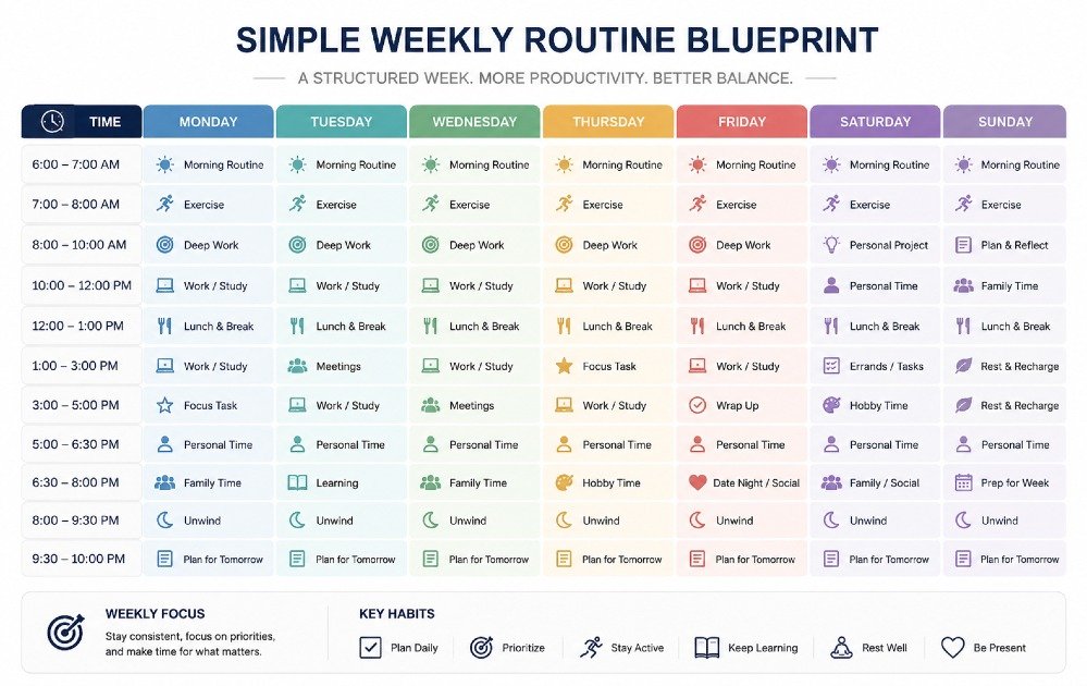 Simple weekly routine blueprint showing a structured, organized weekly schedule for better productivity and balance.
