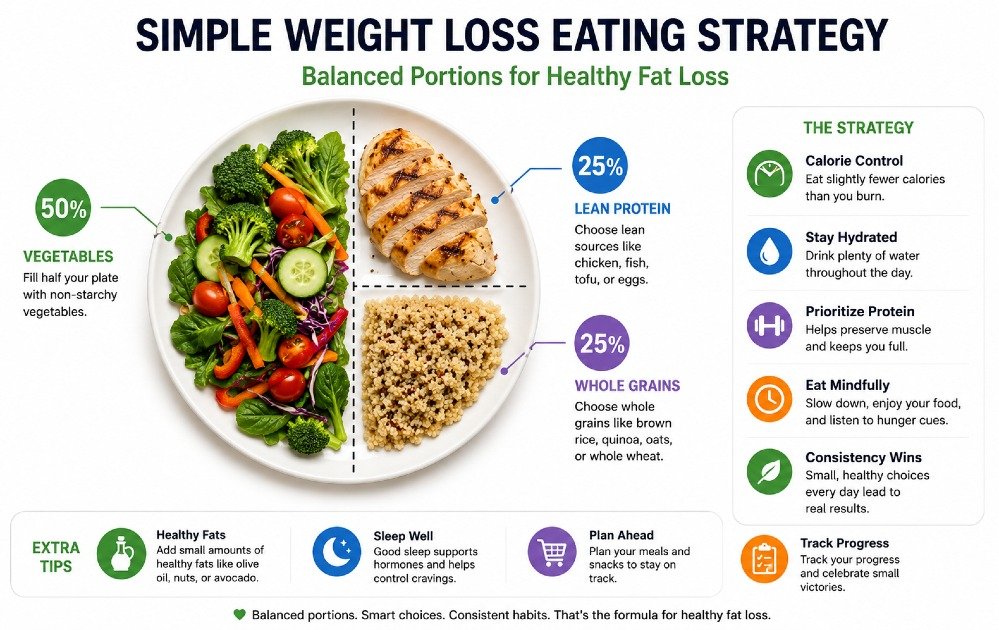 Simple and effective weight loss eating strategy showing balanced healthy meal portions for fat loss