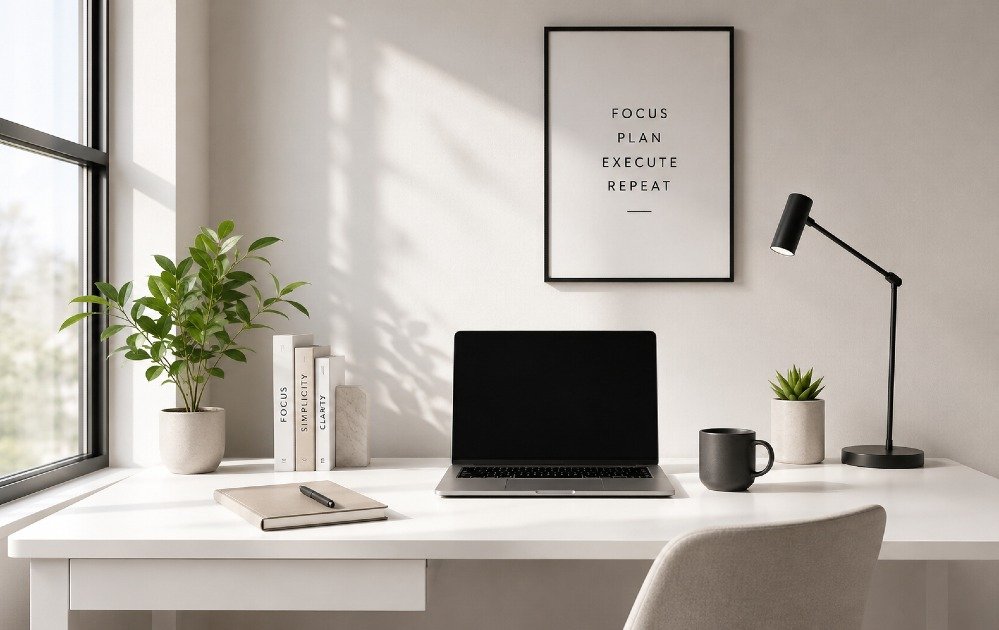 A clean, organized workspace with minimal clutter promoting focus and mental clarity.