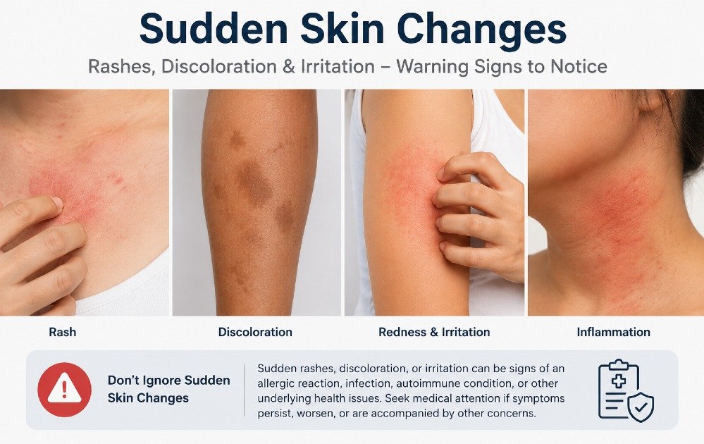Sudden skin changes including rashes, discoloration, and irritation on visible areas of the body