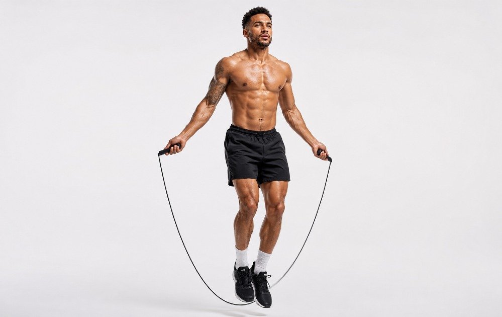 Athlete skipping rope during high-intensity full-body cardio workout for endurance, fat burning, and conditioning.