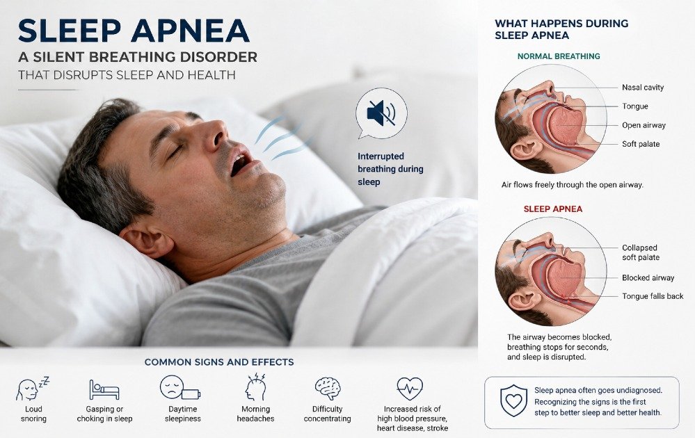 Person sleeping while struggling with interrupted breathing, illustrating sleep apnea as a silent breathing disorder during sleep.