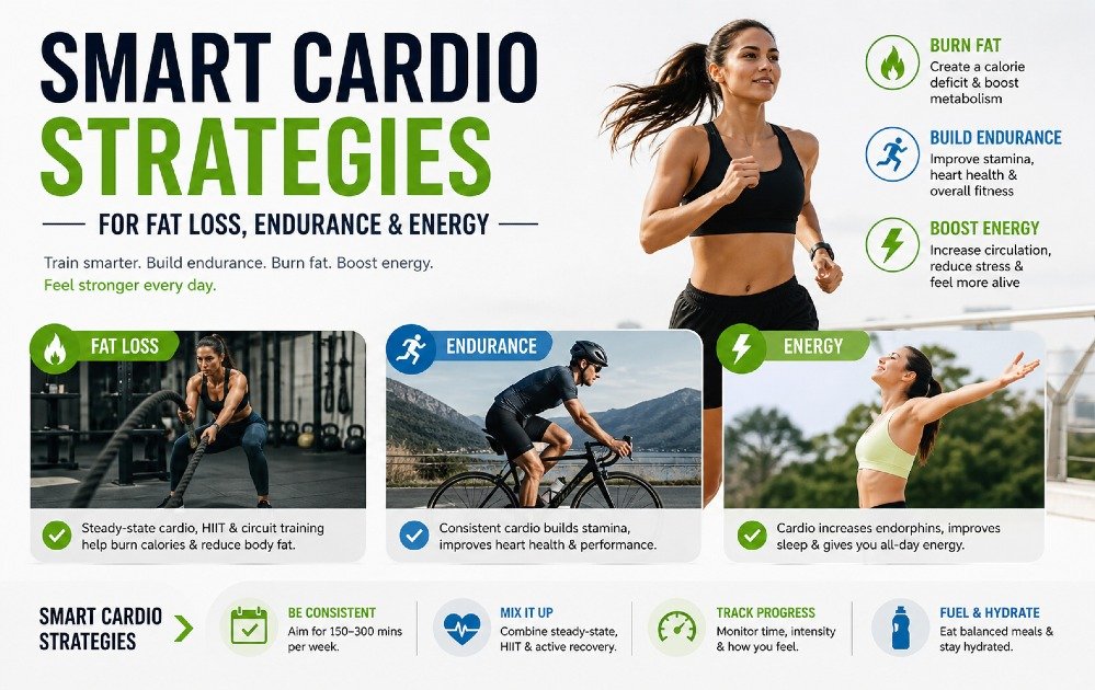 Athletic lifestyle scene showing cardio exercise concepts for fat loss, endurance, and improved energy levels.