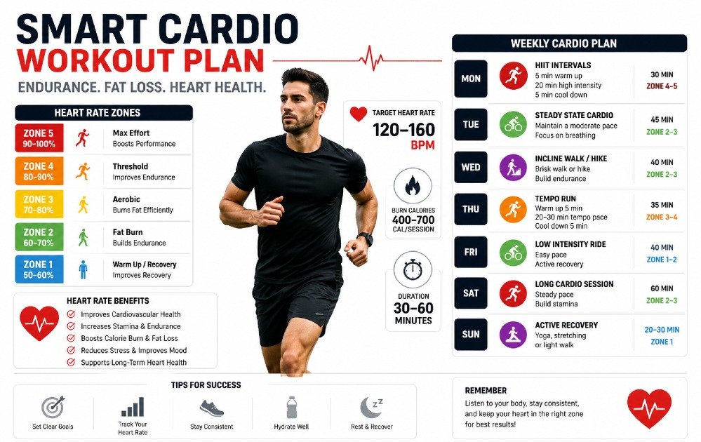 Person performing structured cardio workout routine with heart-rate focused exercises for endurance, fat burning, and overall fitness improvement.