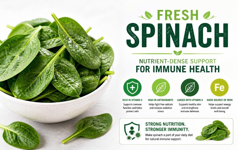 Fresh spinach leaves highlighting nutrient-dense support for immune health