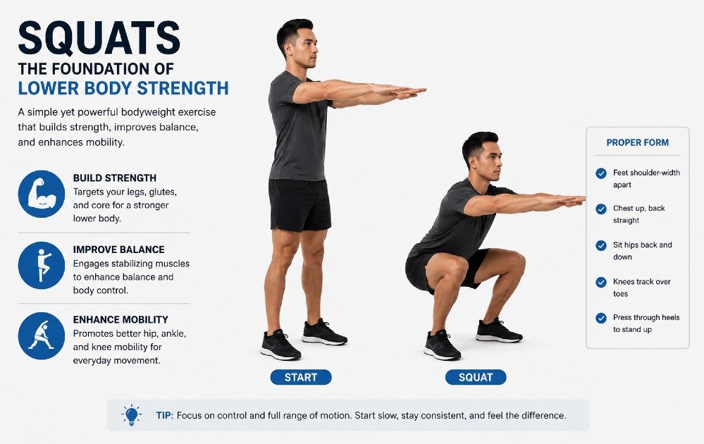 Person performing bodyweight squats to build lower body strength, improve balance, and enhance mobility