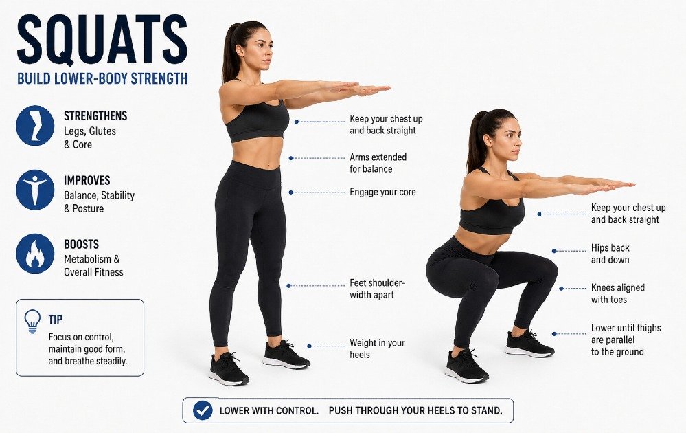 Person performing squats with proper form to build lower-body strength and improve fitness