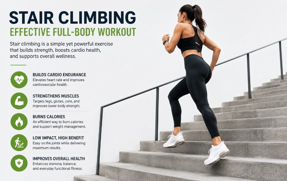 Person climbing stairs during a fitness workout for strength and cardio health.