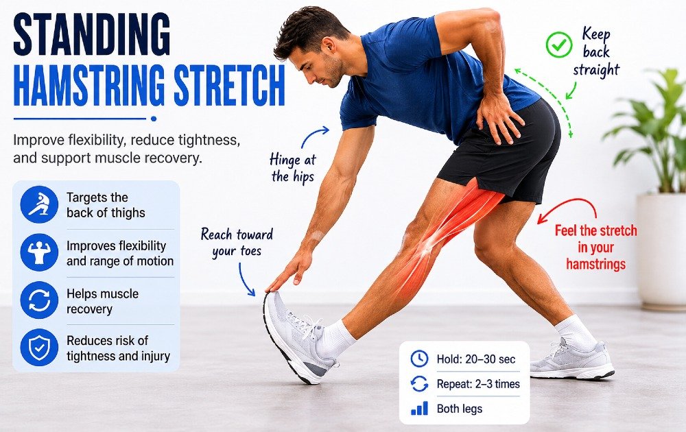 Standing hamstring stretch targeting back of thighs for flexibility and muscle recovery