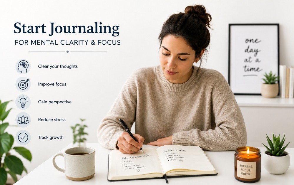 Person writing in a journal to improve mental clarity and focus.
