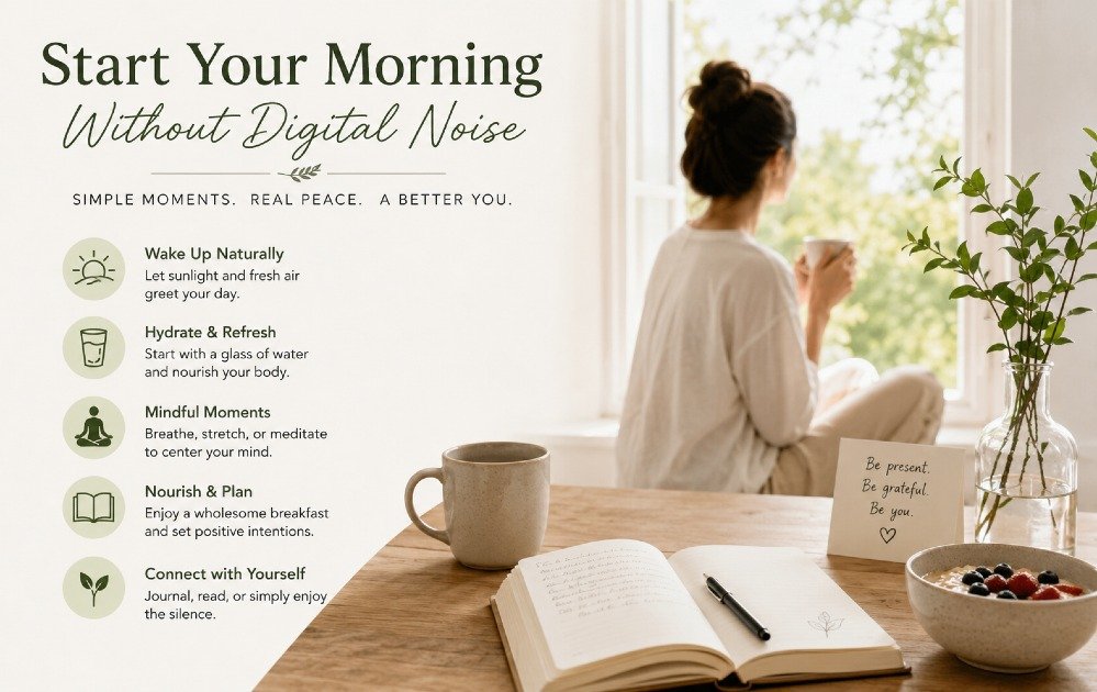 Peaceful morning routine without digital distractions, focusing on calm start to the day.