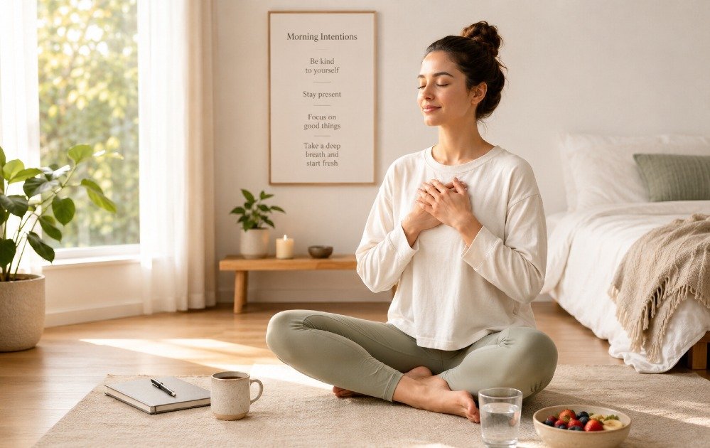 Person starting the morning in a calm environment without using a phone, focusing on a mindful and distraction-free routine.