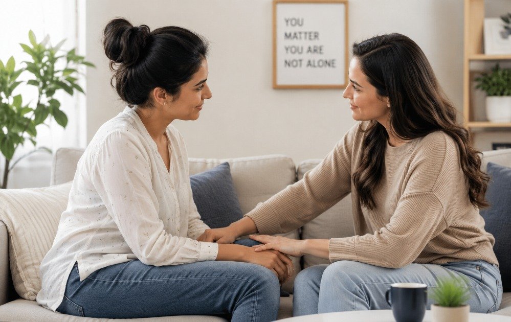 Two people in a calm, supportive conversation, symbolizing emotional connection and staying close to supportive relationships.