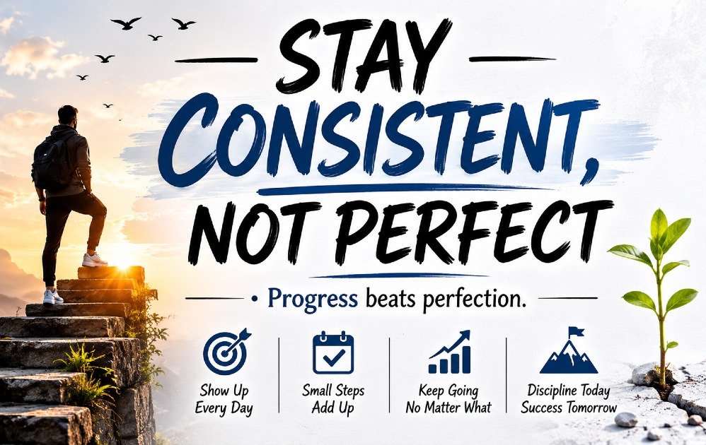 Motivational message reading “Stay Consistent, Not Perfect” emphasizing progress over perfection and daily discipline.