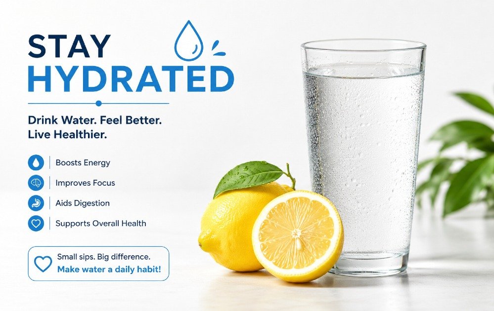 Glass of clean water with fresh lemon beside a daily hydration reminder for healthy living.