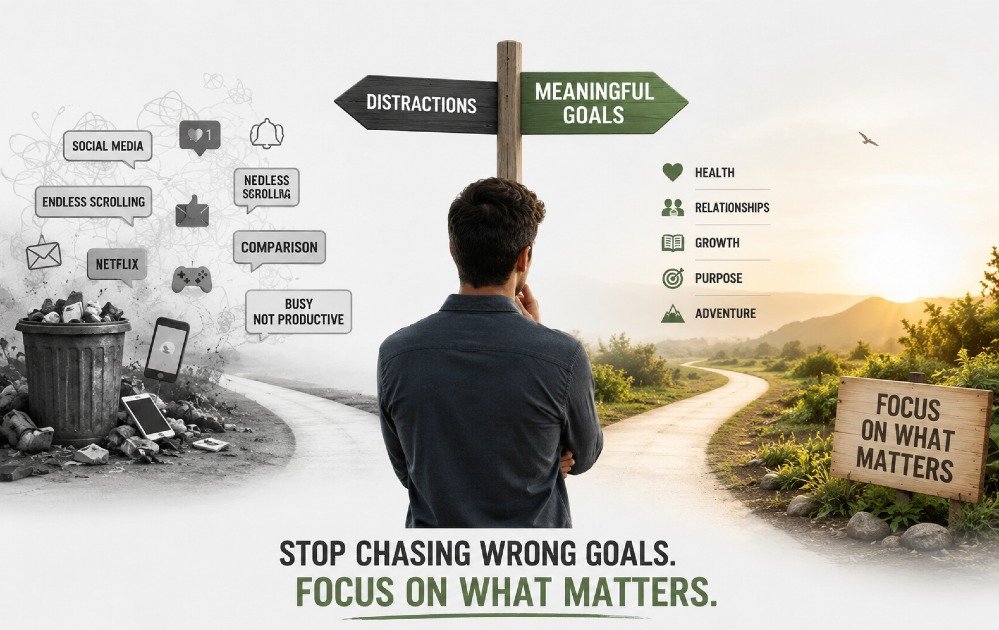 Person pausing to reflect on priorities, choosing meaningful goals over distractions