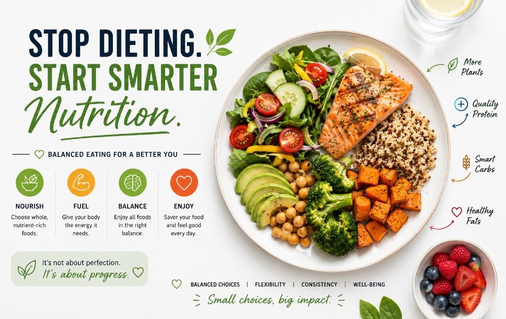 Smarter nutrition concept showing balanced healthy eating choices instead of strict dieting