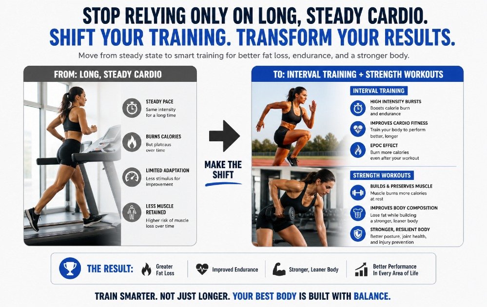 Athlete switching from steady cardio to interval training and strength workouts for improved fat loss and endurance