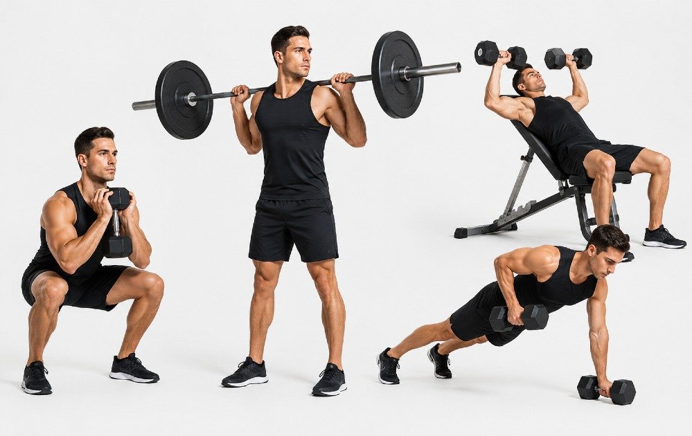 Person performing a strength training workout with weights to build lean muscle, increase strength, and improve full-body fitness.