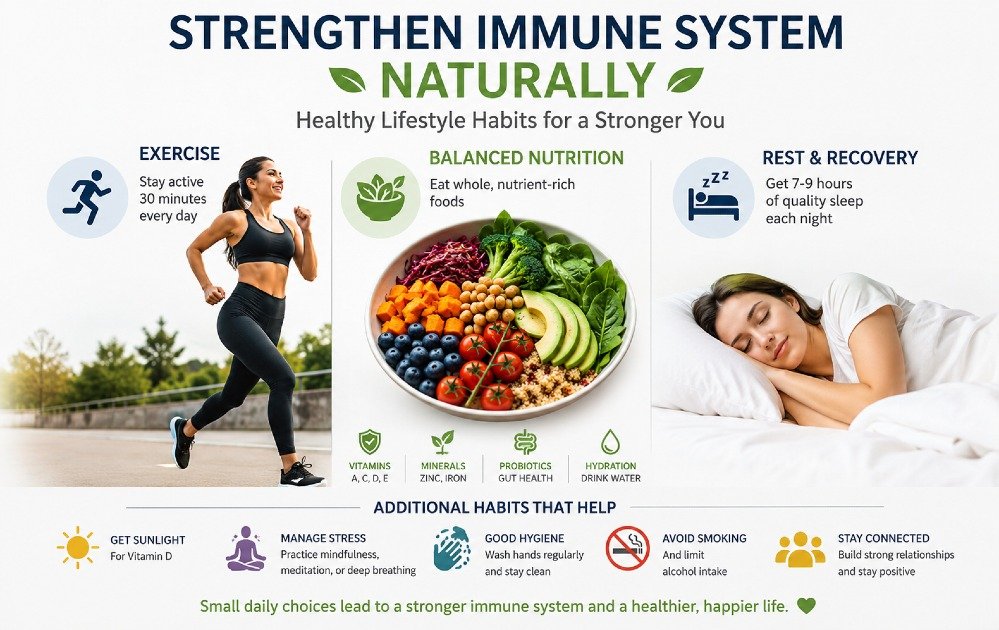 Person practicing healthy lifestyle habits like exercise, balanced nutrition, and rest to naturally strengthen the immune system.