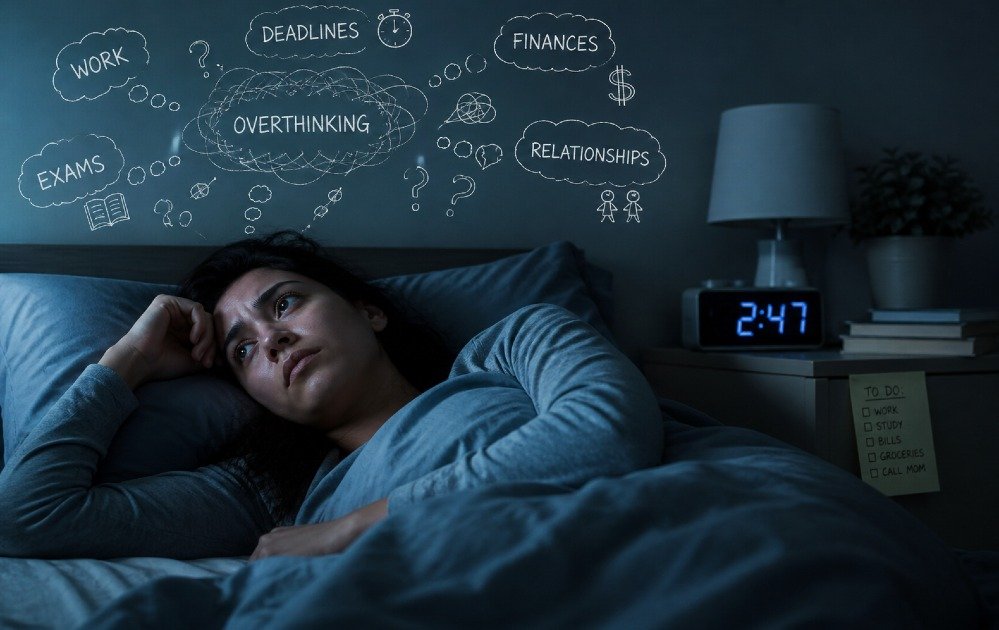Person lying awake in bed at night, overwhelmed by stress and unable to sleep.