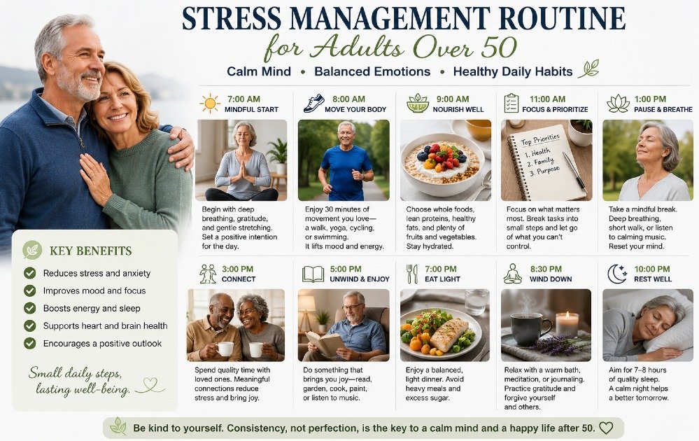 Stress management routine for adults over 50 promoting calm mind, balanced emotions, and healthy daily habits
