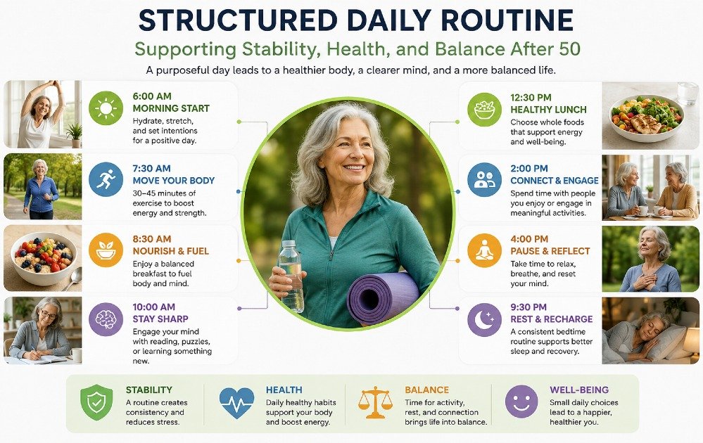 Structured daily routine supporting stability, health, and balance after age 50.