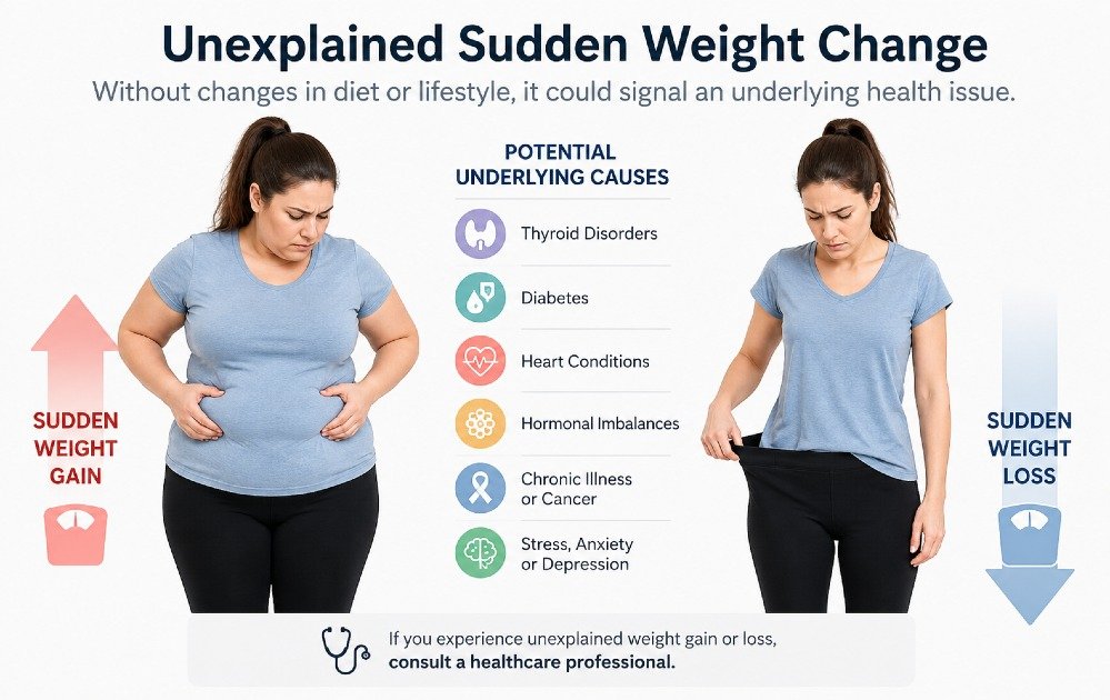 Unexplained sudden weight gain or loss without changes in diet or lifestyle, indicating possible underlying health issues.