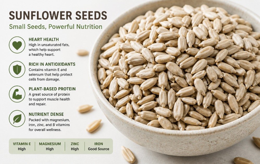 Close-up of sunflower seeds in a bowl, highlighting their nutrient-rich texture and natural health benefits.