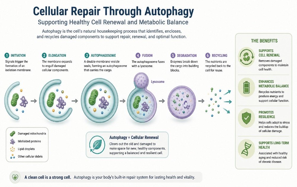Cellular repair process through autophagy supporting healthy cell renewal and metabolic balance.