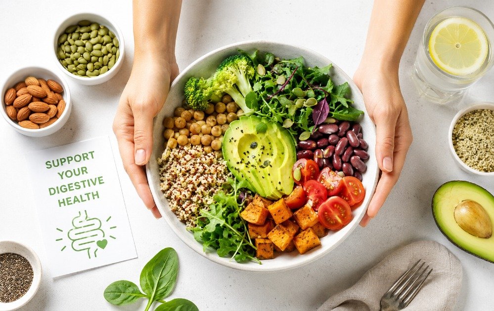 Hands placing a healthy meal with fiber-rich foods to support digestive health and gut function