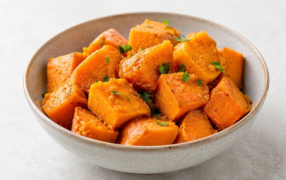 Bowl of cooked sweet potatoes served fresh, highlighting their natural color, texture, and nutrient-rich a