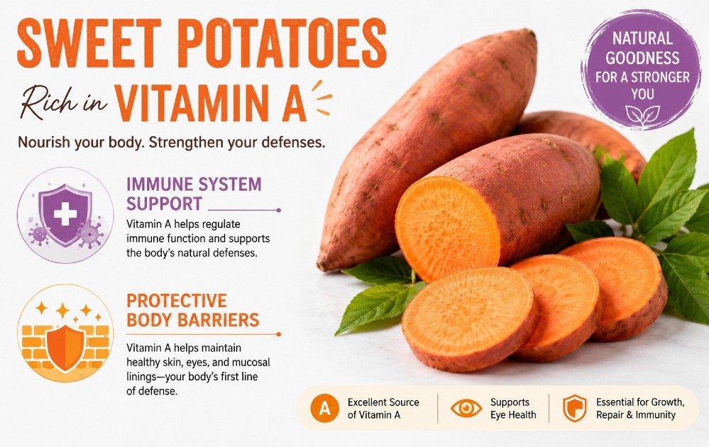 Fresh sweet potatoes highlighting vitamin A benefits for immune system support and protective body barriers.