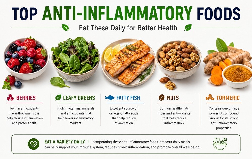 Top anti-inflammatory foods including berries, leafy greens, fatty fish, nuts, and turmeric for daily healthy eating.