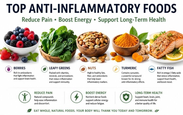 Top anti-inflammatory foods including berries, leafy greens, nuts, turmeric, and fatty fish arranged to support pain reduction, energy boost, and long-term health.