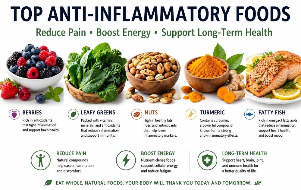 Top anti-inflammatory foods including berries, leafy greens, nuts, turmeric, and fatty fish arranged to support pain reduction, energy boost, and long-term health.