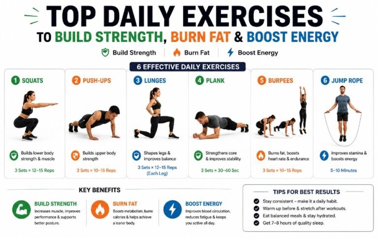 Simple guide showing effective daily exercises to build strength, burn fat, and improve energy levels