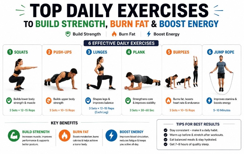 Simple guide showing effective daily exercises to build strength, burn fat, and improve energy levels