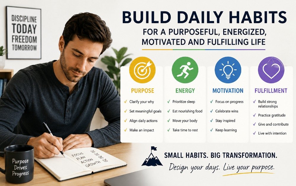 Focused person building daily habits for purpose, energy, motivation, and fulfillment