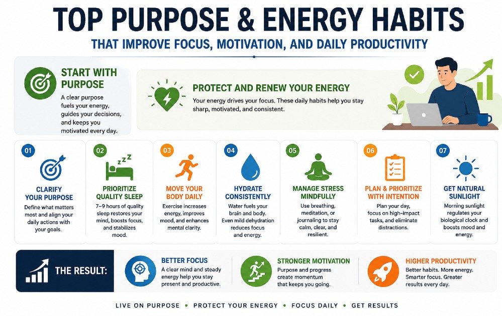 Top purpose and energy habits that improve focus, motivation, and daily productivity