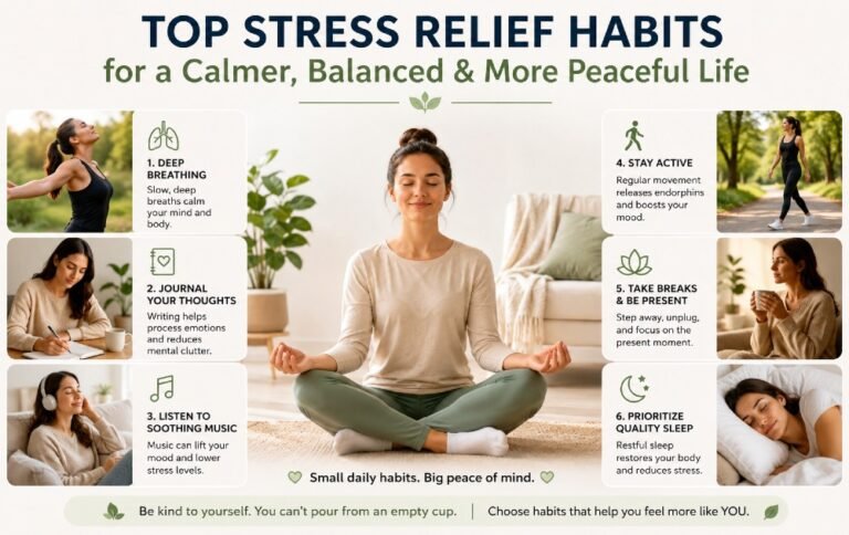 Person practicing healthy stress relief habits for a calmer, balanced, and more peaceful daily life.
