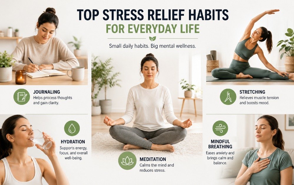 Person practicing calming daily stress relief habits including meditation, journaling, stretching, hydration, and mindful breathing for better mental wellness.