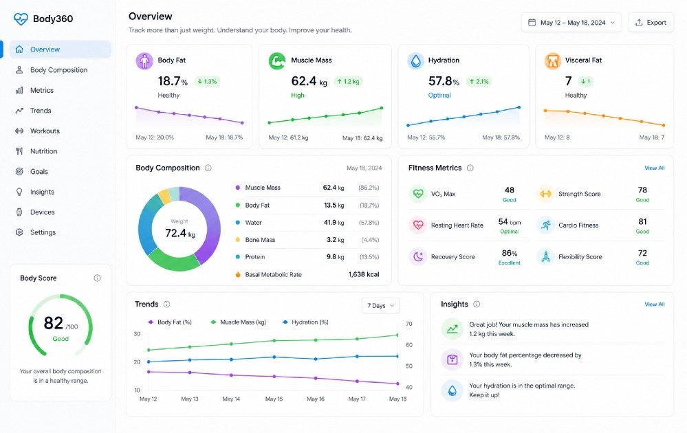 Dashboard showing body fat, muscle mass, hydration, and fitness metrics beyond weight tracking