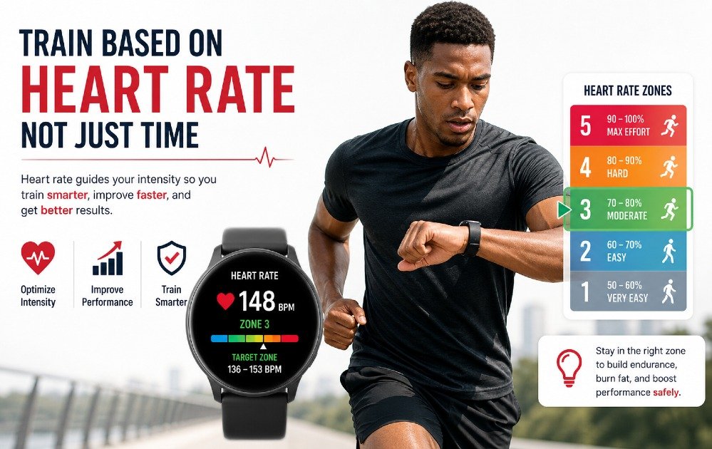 Athlete training while monitoring heart rate to optimize workout intensity instead of relying on time alone.