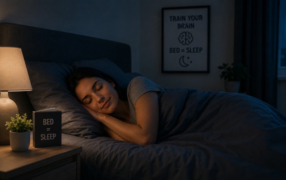 Person lying in bed in a dark, calm bedroom, symbolizing sleep-only conditioning for better sleep hygiene and insomnia relief.