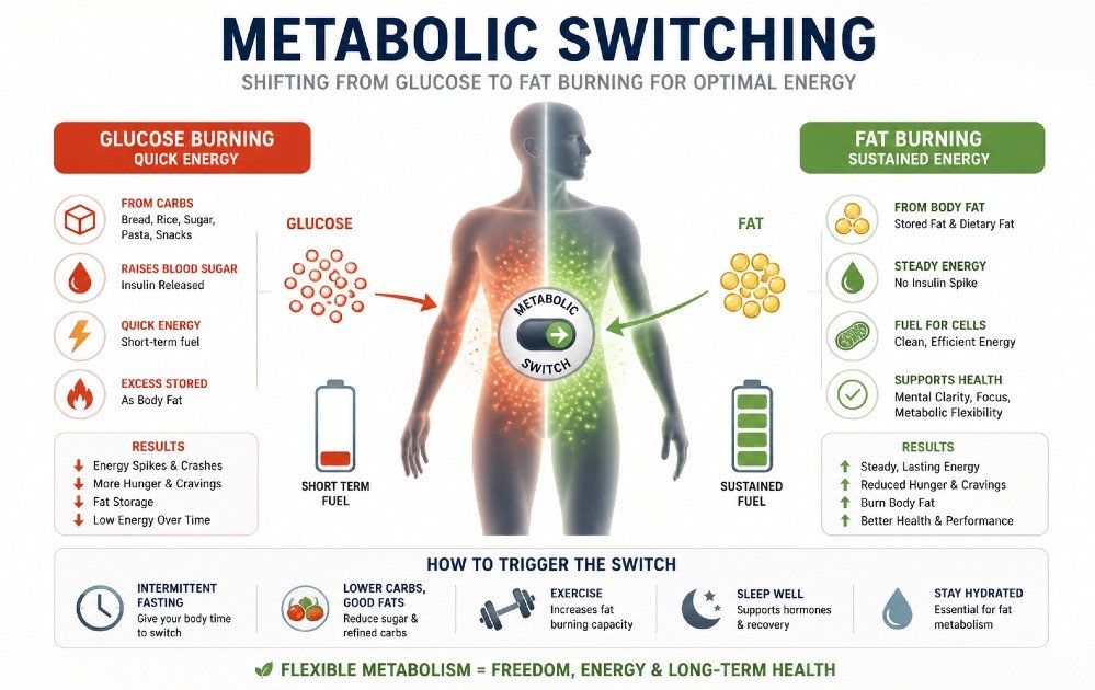 Metabolic switching concept showing body shifting from glucose to fat burning for energy.