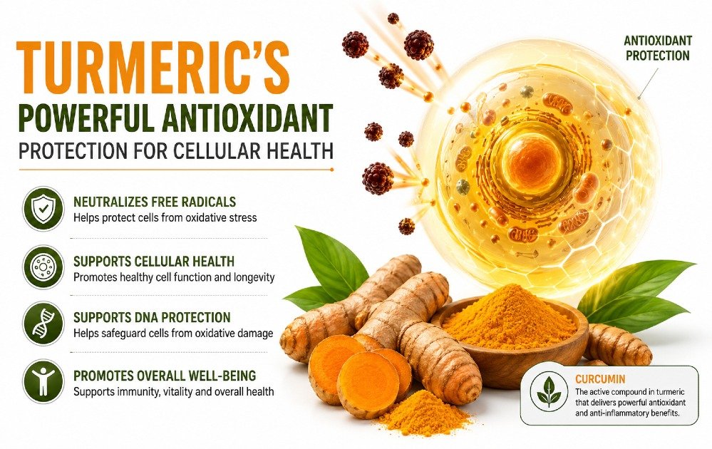 Fresh turmeric roots highlighting powerful antioxidant protection that supports cellular health and reduces oxidative stress
