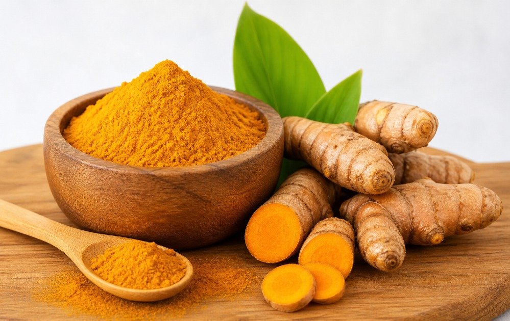 Turmeric powder and fresh turmeric root arranged on a wooden surface, representing natural anti-inflammatory support.