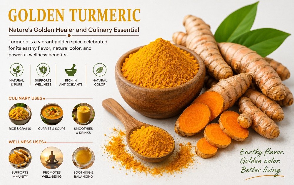 Golden turmeric roots and powder, highlighting its natural color, earthy texture, and culinary and wellness uses.